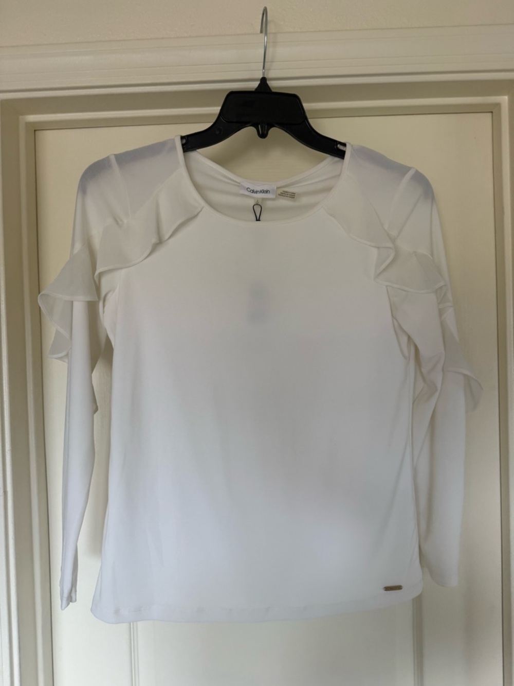 Calvin Klein White Ruffle-Trim Long Sleeve Top